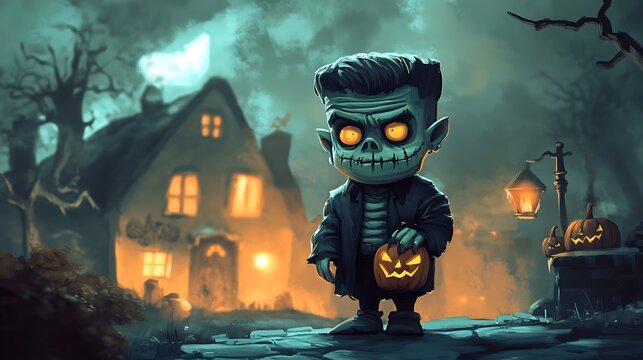 Frankenstein-inspired cartoon character with spooky Halloween atmosphere