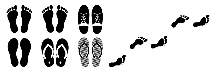 Different Human Footprints Icon Vector Collection – Barefoot, Sneaker & Boot Silhouettes for Eco‑Friendly, Travel, Concept, and Trail Designs
