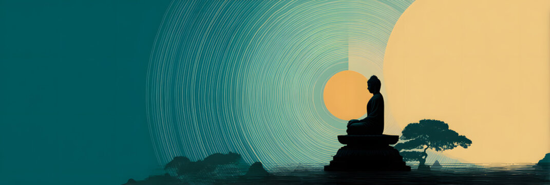 mediatation concept, a buda in horizontal layout banner with copy space, generative ai