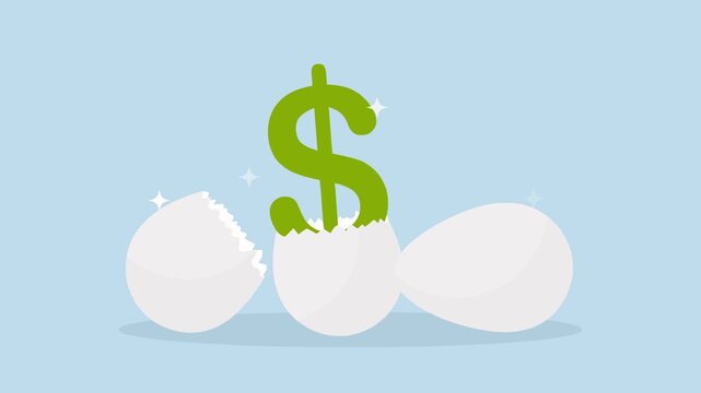 Flat lay illustration of a green dollar sign emerging from a cracked eggshell against a light blue background