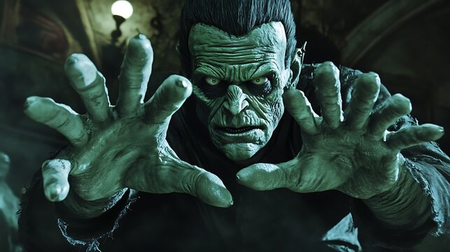 Frankenstein monster with large green hands and a spooky Halloween setting