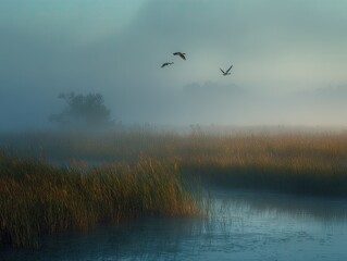 Obraz premium Misty morning over a tranquil marsh (1)