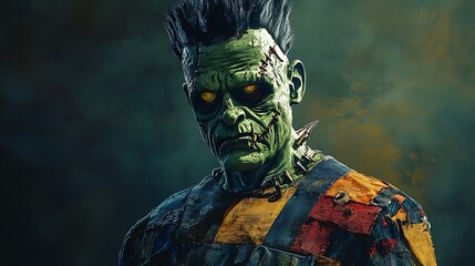 Halloween-themed Frankenstein with a patchwork body and a bolt hairstyle