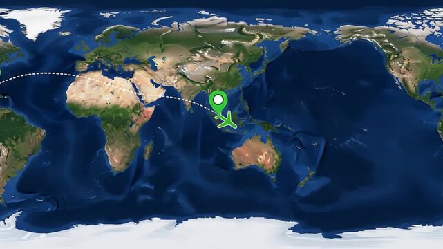 A detailed flat earth map displays a green destination pin and a dotted airline route, symbolizing global connectivity and international travel