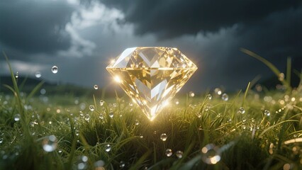 Fototapeta premium A radiant diamond gleams amidst dewy grass under a stormy sky.