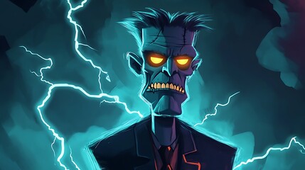Cartoon Frankenstein with an evil grin and lightning effects for Halloween