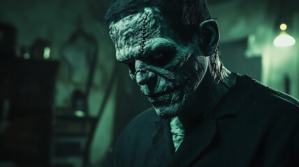 Spooky Frankenstein monster with stitched-up face and eerie Halloween surroundings