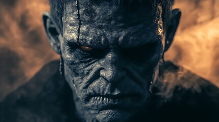 Spooky Frankenstein monster with stitched-up face and eerie Halloween surroundings