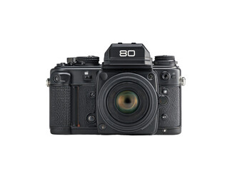 Front view of a vintage black SLR camera.  Black body, lens, and controls.  Large lens,  model number 80 visible