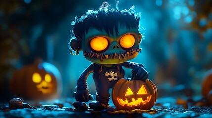 Halloween Frankenstein-style cartoon character with a pumpkin and glowing eyes