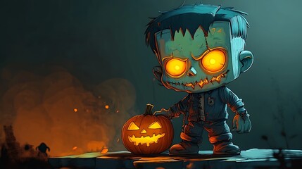 Halloween Frankenstein-style cartoon character with a pumpkin and glowing eyes