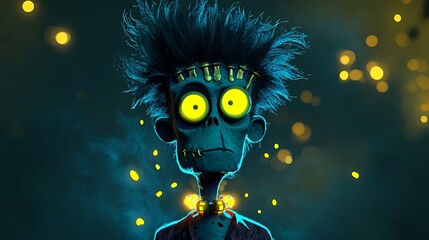Frankenstein-inspired cartoon monster with wild hair and glowing neck bolts