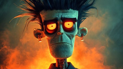 Frankenstein-inspired cartoon monster with wild hair and glowing neck bolts