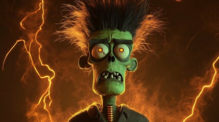 Frankenstein-inspired cartoon monster with wild hair and glowing neck bolts