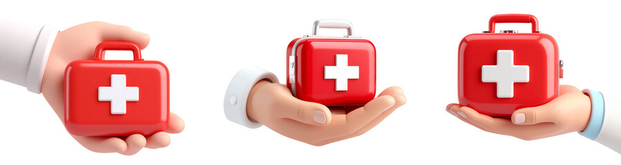 Three cartoon hands holding red first aid kits with white cross symbol, medical emergency concept, healthcare, safety, and preparedness, isolated on transparency background
