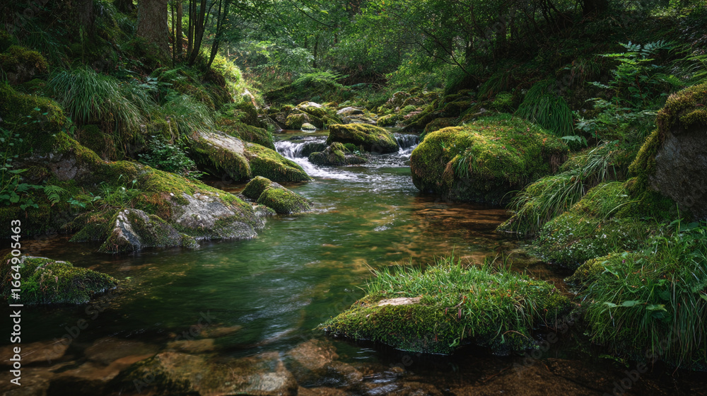 Poster a tranquil stream flows through a lush green forest with moss covered rocks and trees above
