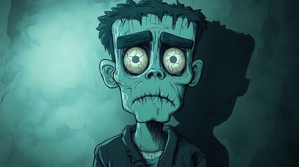 Cartoon Frankenstein with ragged clothes and eerie glowing eyes