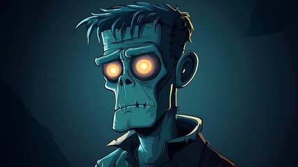 Cartoon Frankenstein with ragged clothes and eerie glowing eyes
