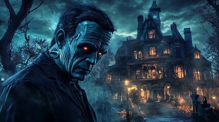Frankenstein character in a spooky Halloween scene with a haunted mansion