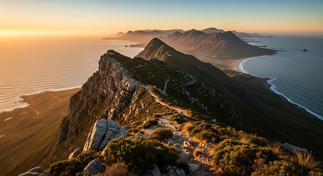 Dramatic coastal mountain ridge trail overlooking the ocean at sunset.