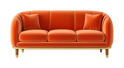 Fototapeta premium Modern orange velvet sofa with gold accents and wooden legs, featuring two matching cushions for cozy and elegant look