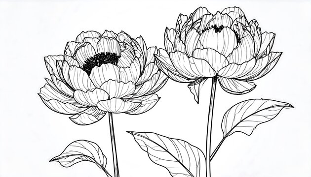 Two elegant peony flowers are depicted in detailed line art against a white backdrop.