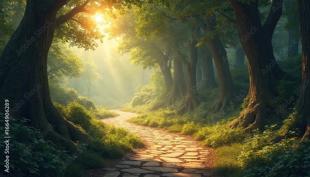 Poster serene forest landscape with winding stone path. verdant trees surround path with vibrant green leav