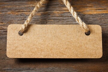 Empty tag hanging from a rustic wooden surface.