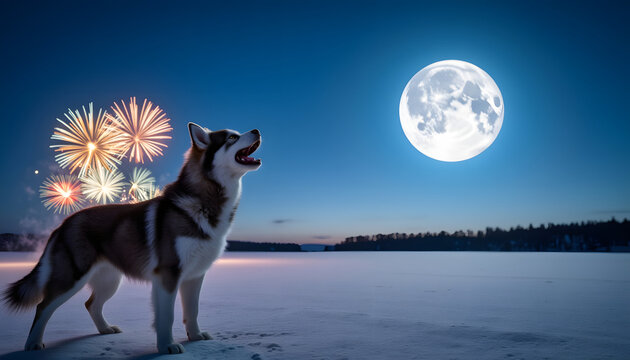 Siberian husky howling under full moon with fireworks in background