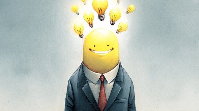illustration of a smiling leader whose head is a glowing lightbulb, with smaller, brightly lit lightbulbs hovering around them, symbolizing the ability to inspire and nurture creativity in others. 