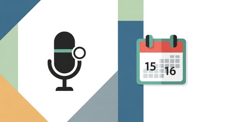 Microphone and calendar icons on geometric background isolated on white background, representing audio recording and scheduling events