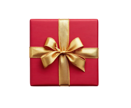 A square, red gift box, tied with a gold ribbon and bow, presented against a black background