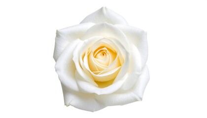 Fototapeta premium A pristine, creamy white rose, beautifully detailed, highlights delicate petals and a subtle, inner golden hue against a pure white background.