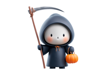 Cute grim reaper holding scythe and pumpkin in halloween costume on transparent background, PNG