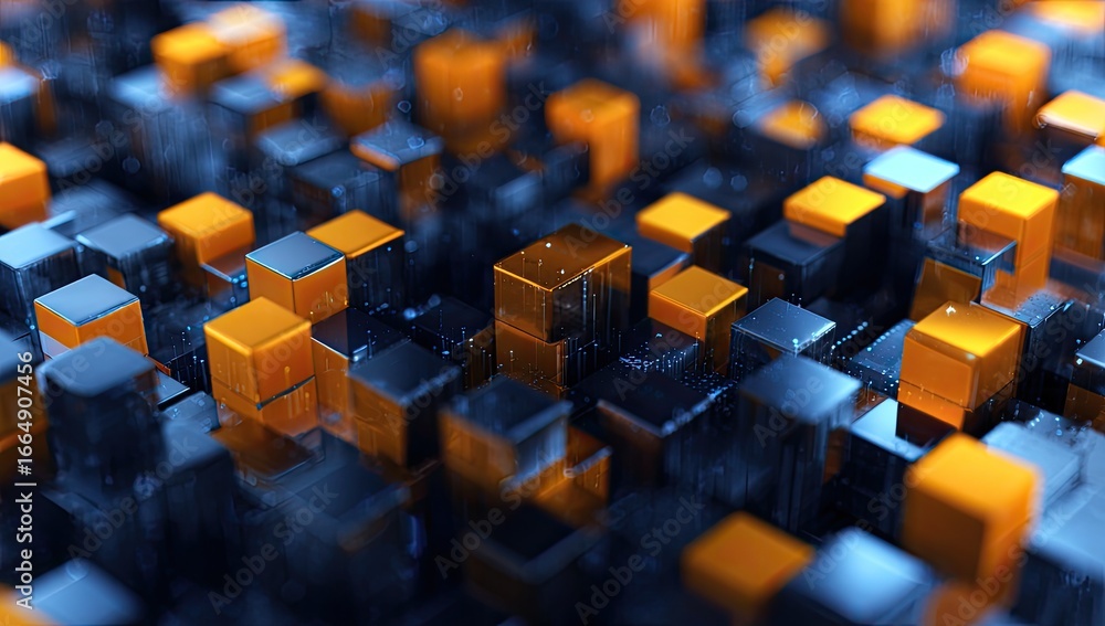 Fototapete abstract digital cubes in dark blue and orange. a close-up view of a 3d array of cubes