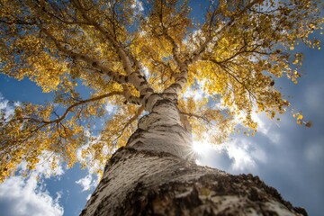 Golden autumn leaves of a birch tree against a vibrant sky.
