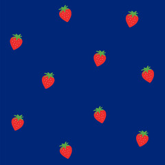 CUTE Red hand drawn strawberry on BLUE Seamless pattern background