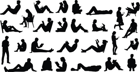 Silhouettes of People Reading Books in Various Sitting, Lying, Standing, Relaxing Poses, Diverse Individuals, Education, Learning, Leisure, Study, Knowledge, Isolated on White Background for Design