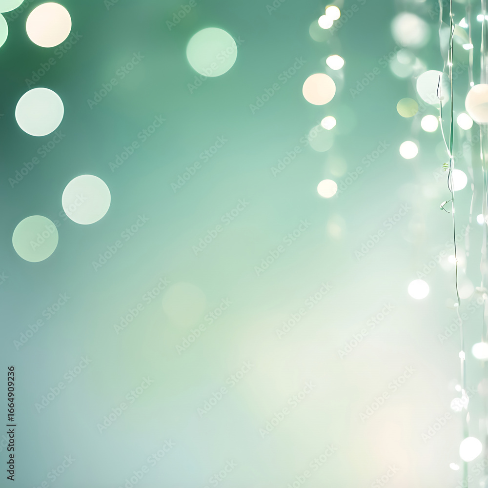 Poster calm festive background in soft green with glowing bokeh and string lights.
