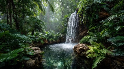 Obraz premium Lush waterfall cascading into a tranquil pool amidst a dense, tropical garden