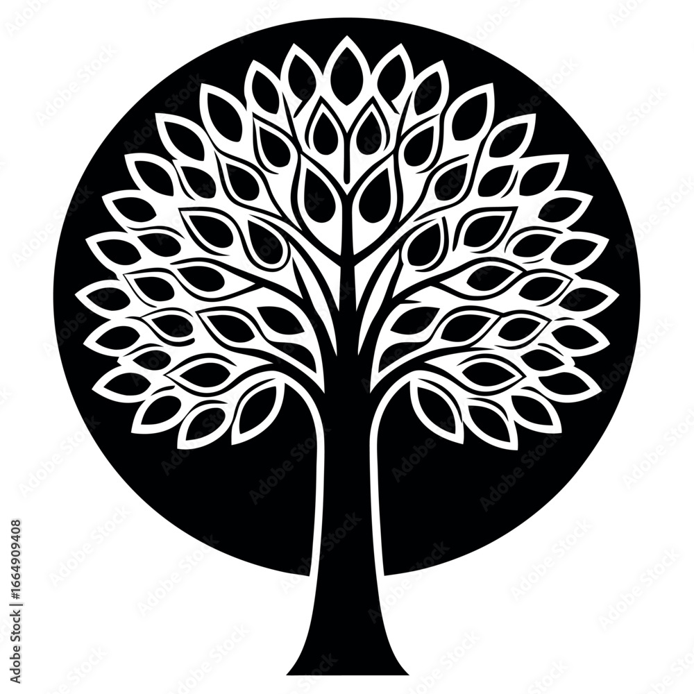 Poster stylized tree illustration with circular background creating a modern and minimalist design ideal fo