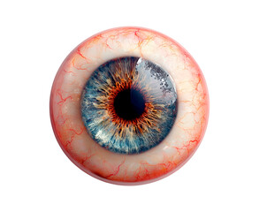 Detailed close-up of a human eye with vivid blue iris and red veins on transparent background, PNG