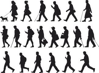 Silhouettes of People Walking, Man Woman with Dog, Elderly with Cane, Person Using Magnifying Glass, Casual and Business Style, Diverse Ages, Isolated on White Background