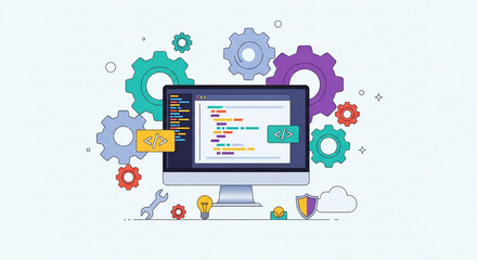 Illustration of computer screen with code and gears, isolated on white background, representing software development and technology