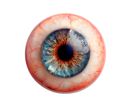 Detailed close-up of a human eye with vivid blue iris and red veins on transparent background, PNG