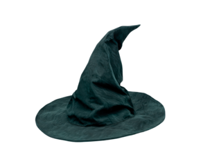 Dark green witch hat with folded point on transparent background, PNG