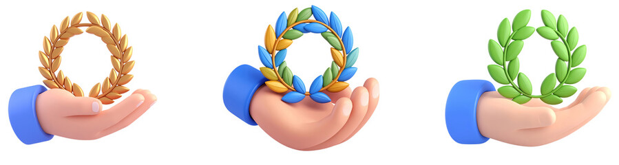 Bronze laurel wreath gold laurel wreath green laurel wreath hand 3d illustration award victory achievement success blue sleeve cartoon style