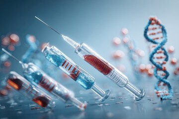 Medical syringes and DNA, abstract scientific image
