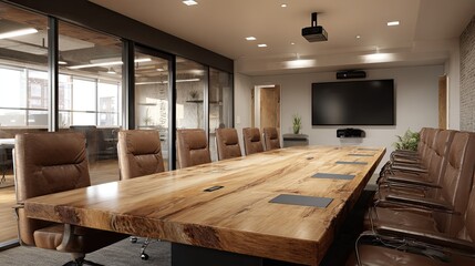 Modern conference room with large wooden table