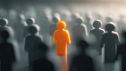 A single orange figure stands out from a crowd of grayscale figures